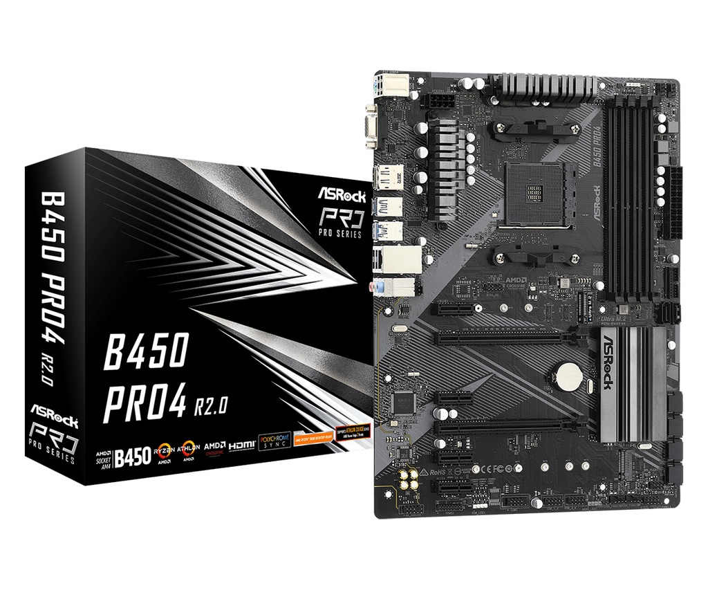 ASRock B450 Pro4 R2.0 AMD Socket AM4 AMD Athlon AMD Ryzen 3000 Series AMD Ryzen 5000 Series DDR 4-SDRAM 128 GB DIMM Motherboards