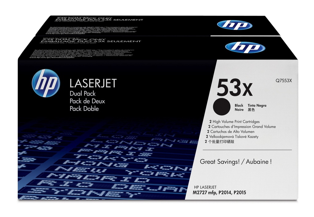 [1170466000] HP 53X 2-pack High Yield Black Original LaserJet Toner Cartridges 14000 Q7553XD