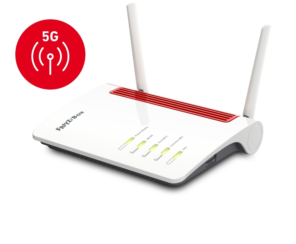 [12005663000] FRITZ! Box 6850 5G Wi-Fi 5 (802.11ac) Dual-band (2.4 GHz 5 GHz) Ethernet LAN 3G Black Red White Tabletop router Network Equipment