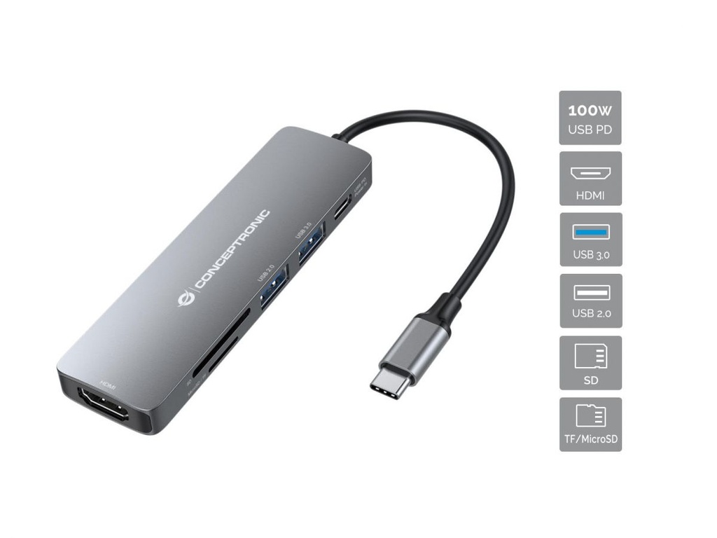 [12447863000] Conceptronic DONN 6 in 1 Multifunctional USB Hub Adapter HDMI USB-C PD 1 x USB 3.0 1 x USB 2.0 SD/TF Card Readers USB 3.2 Gen 1 (3.1 Gen 1) Type-C USB 2.0 USB 3.2 Gen 1 (3.1 Gen 1) Type-A MicroSD (TransFlash Laptop Accessories