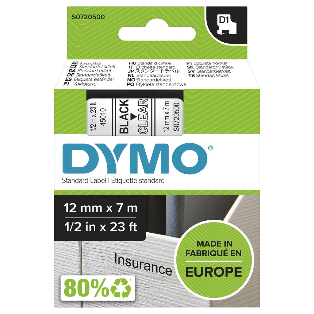 [144787000] Dymo D1 label tape 12 mm x 7 m Black auf transparent 45010 Labels Printer Media