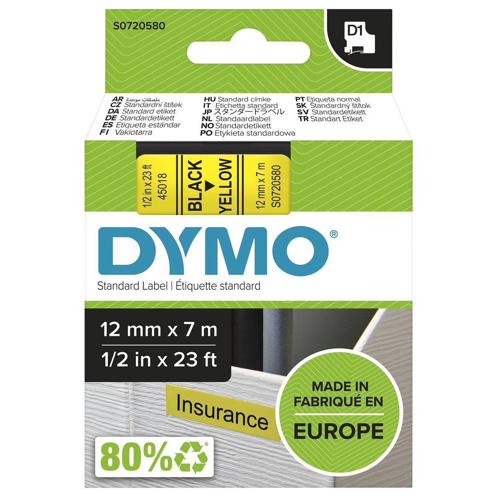 [144790000] Dymo label tape D1 45018 S0720580 Black auf yellow 1 St. Labels A1 Printer Media