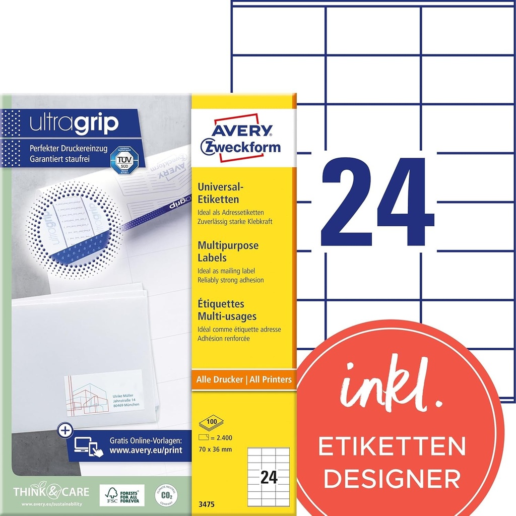 Avery Zweckform labels white 2.400 piece unit Labels A4 Printer Media