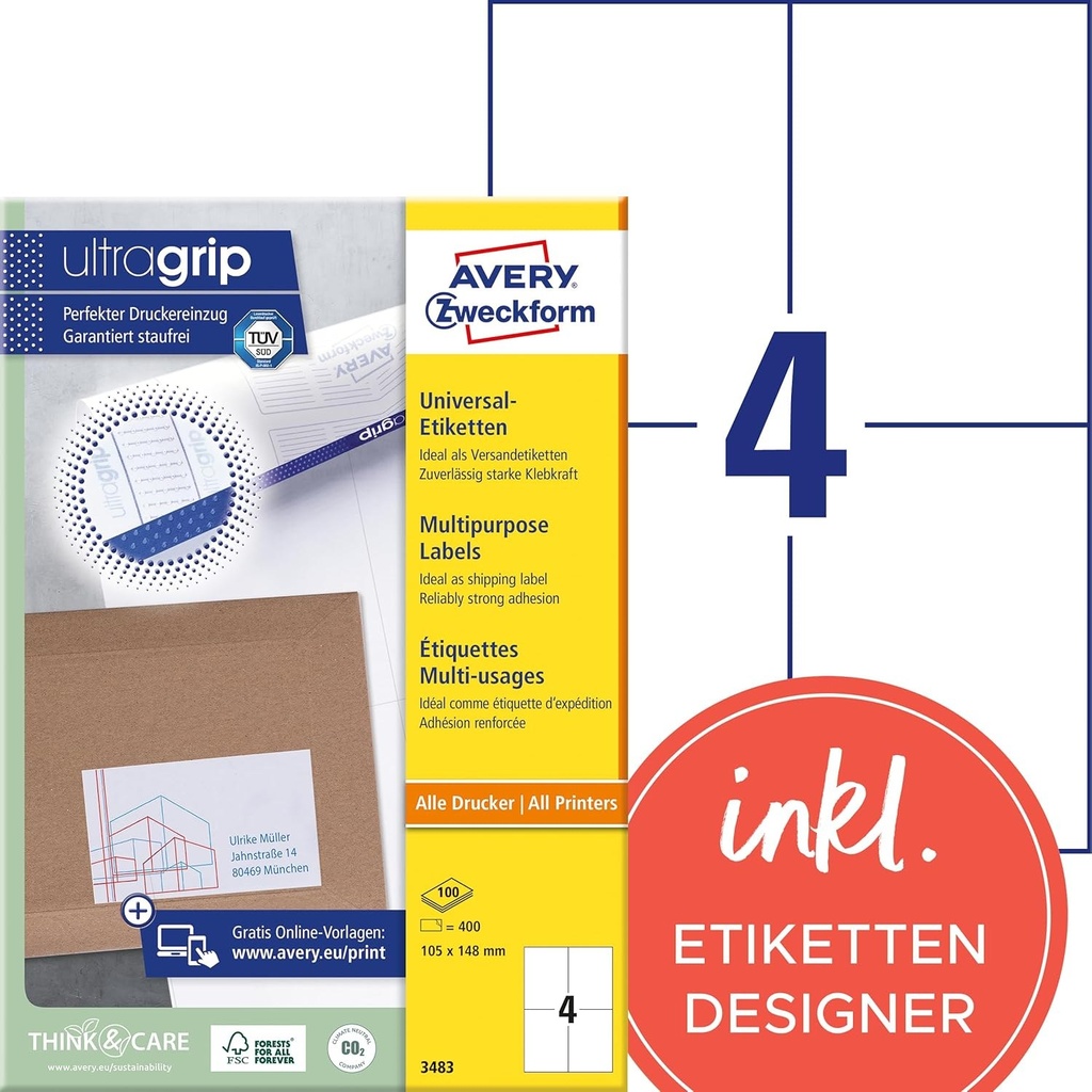 Avery Zweckform Mehrzwecketiketten white 400 Etikett en 100 Bogen x 4 Labels A4 Printer Media