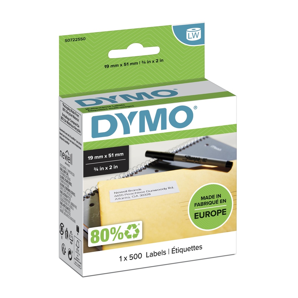 [147525000] Dymo label writer MultiPurpose Authentic Small Multi-Purpose Labels 19 mm x 51 Other Paper Size Printer Media S0722550