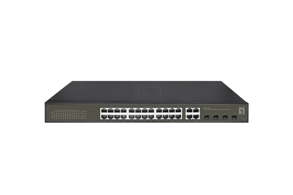 [14857271000] LevelOne Hilbert 28-Port Gigabit PoE Smart Lite Switch 24 PoE Outputs 4 x Gigabit SFP/RJ45 Combo 802.3at/af PoE 380 W PoE Power Budget Managed L2 Gigabit Ethernet (10/100/1000) Full duplex Power over Ethernet (PoE) Rack mounting Network Equipment