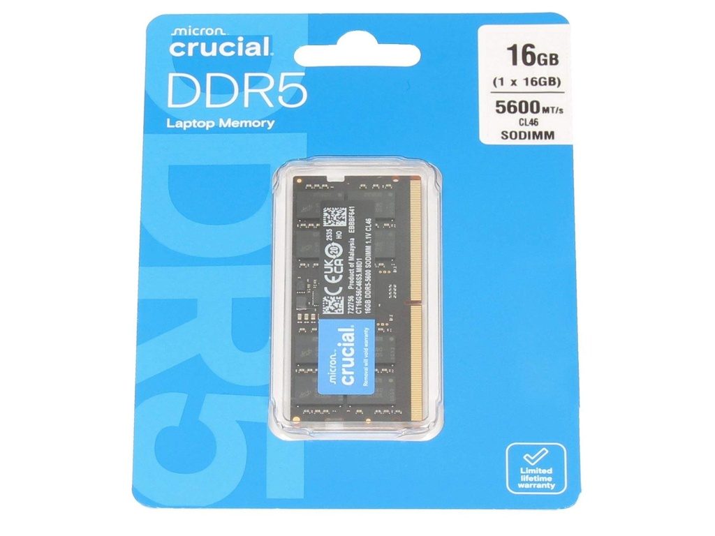 [15189123000] Crucial CT16G56C46S5, 16 GB, 1 x 16 GB, DDR 5, 5600 MHz, 262-pin SO-DIMM Memory Modules