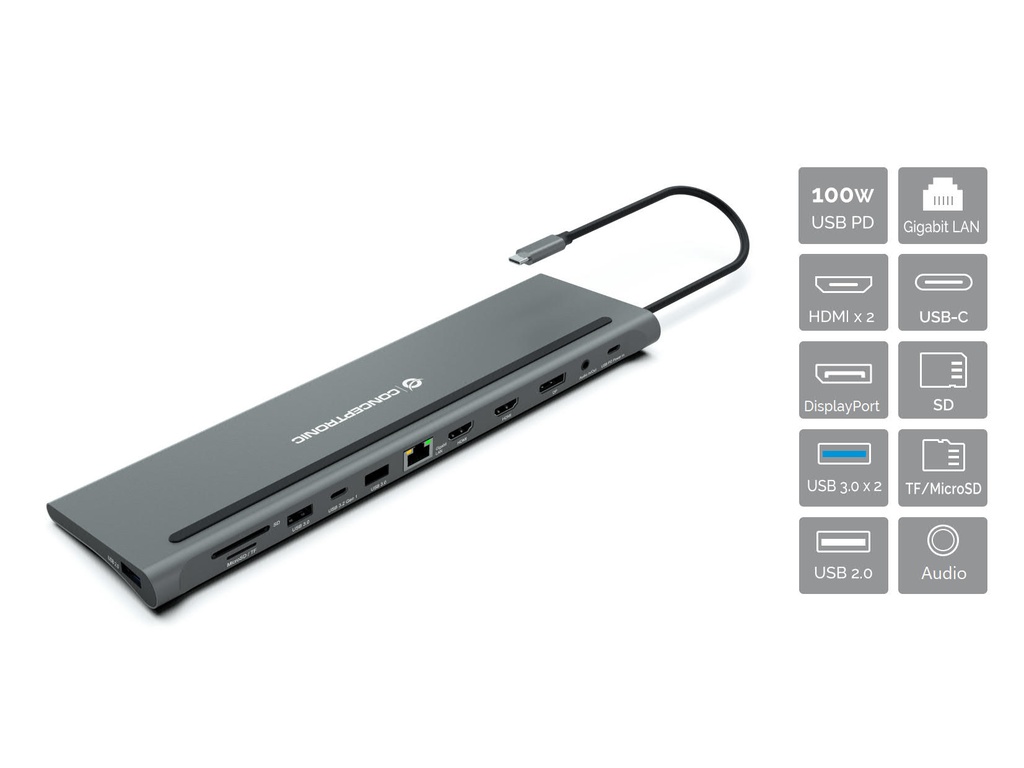 [15197883000] Conceptronic DONN17G Wired USB 3.2 Gen 1 (3.1 Gen 1) Type-C 100 W 10,100,1000 Mbit/s gray MicroSD (TransFlash) SD Laptop Accessories