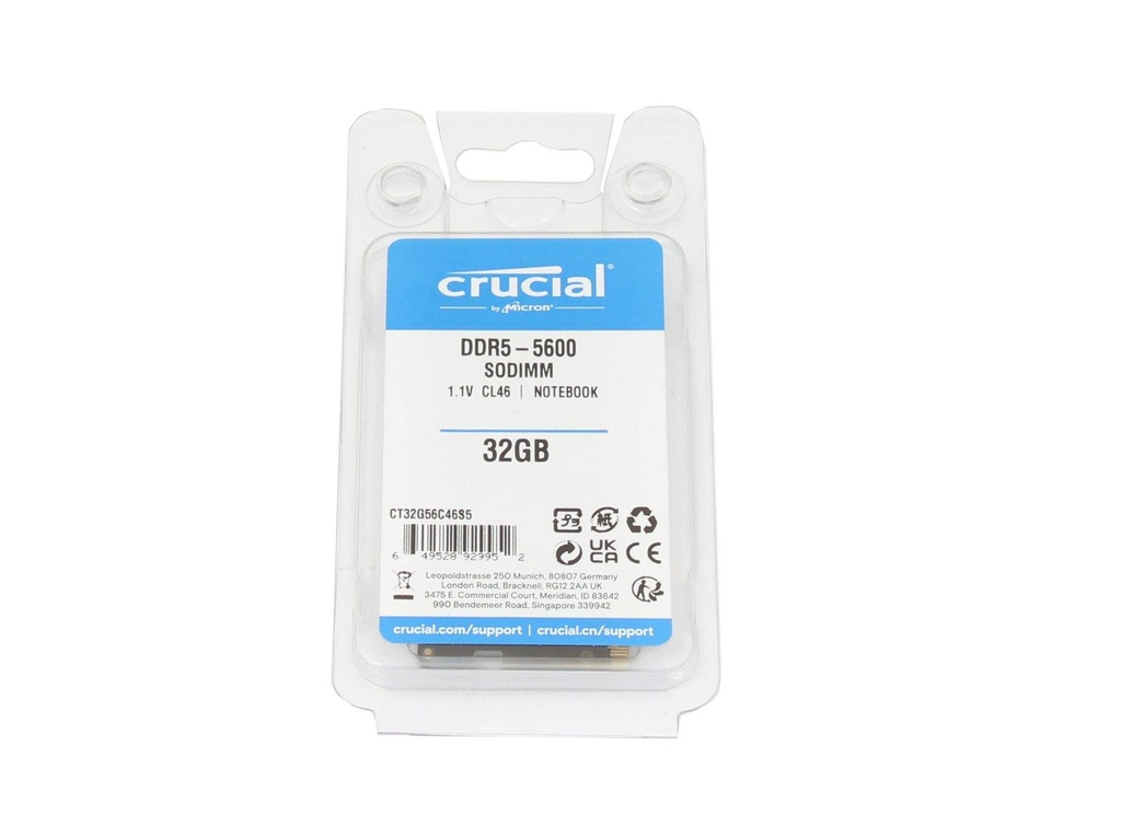 Crucial CT32G56C46S5, 32 GB, 1 x 32 GB, DDR 5, 5600 MHz, 262-pin SO-DIMM Memory Modules