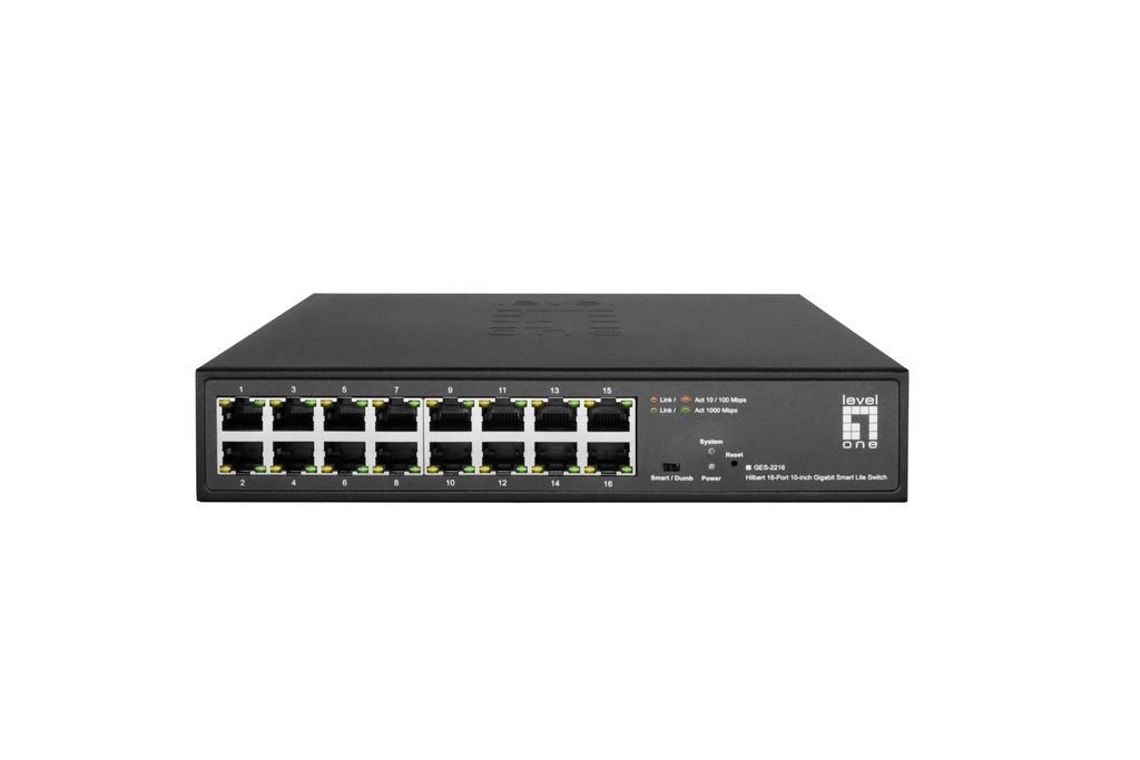 [15763617000] LevelOne Hilbert 10" 16-Port Gigabit Smart Lite Switch 16 x Gigabit RJ45 (10/100/1000) Managed L2 Gigabit Ethernet (10/100/1000) Full duplex Rack mounting Network Equipment