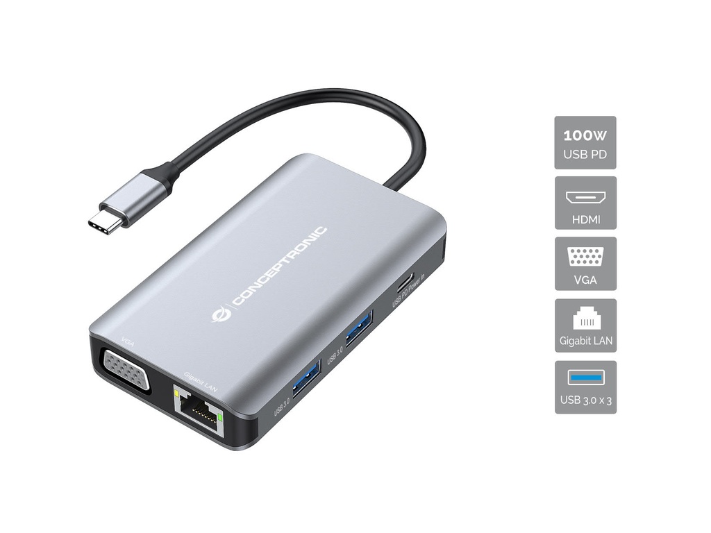 [15882351000] Conceptronic DONN21G Wired USB 3.2 Gen 1 (3.1 Gen 1) Type-C 100 W 1000 Mbit/s gray 4K Ultra HD Laptop Accessories