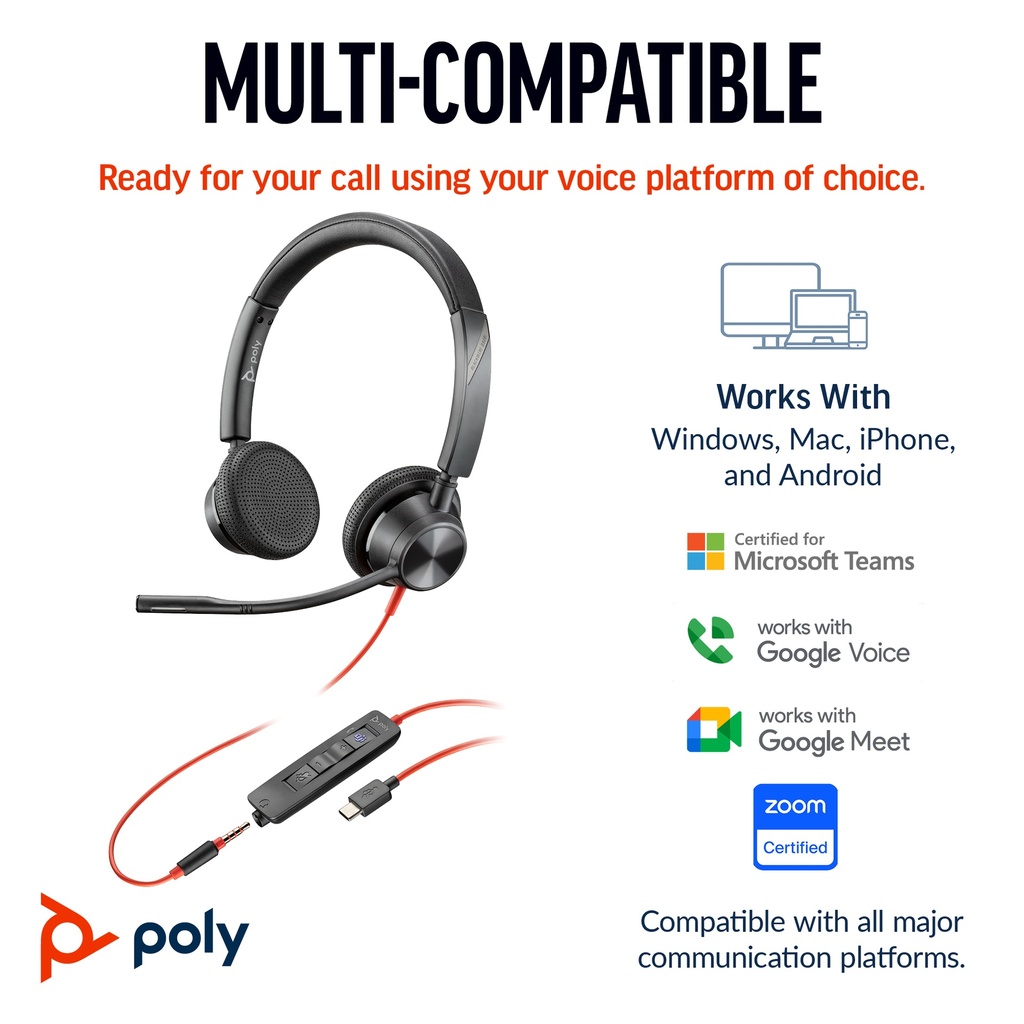Poly Blackwire 3325 Stereo USB-C Headset+ Headset 20 KHz Audio Equipment