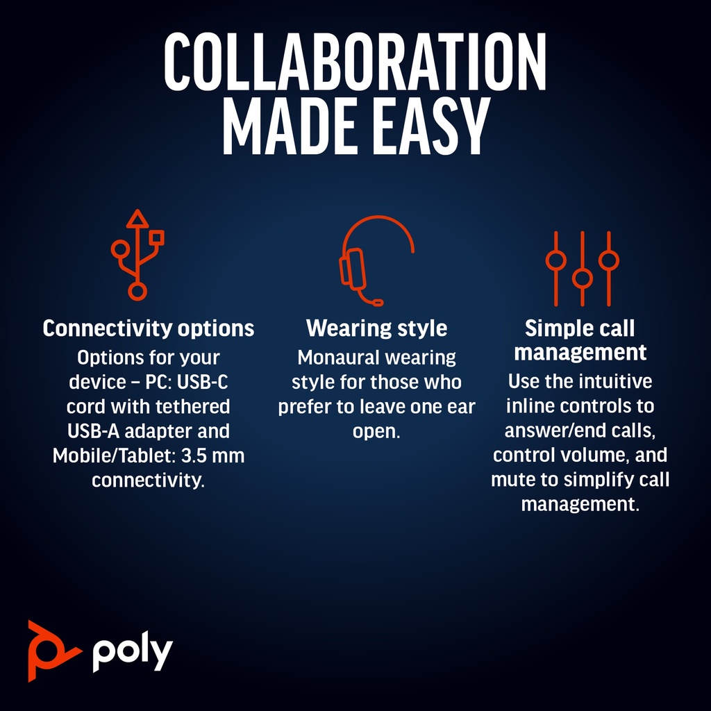 [17617647000] Poly Blackwire 5210 Monaural USB-C Headset+ Headset Mono Audio Equipment
