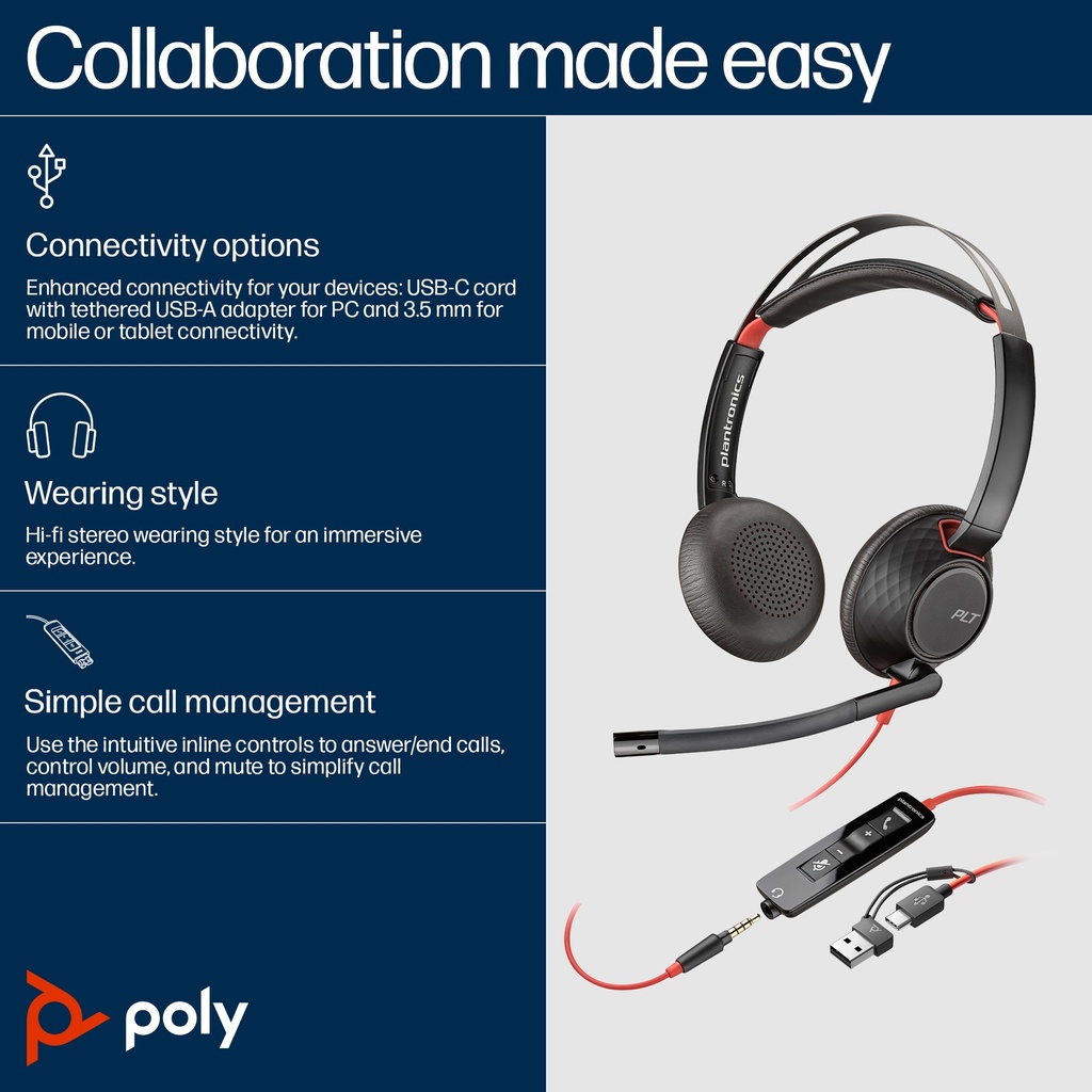 [17617658000] Poly Blackwire 5220 Stereo USB-C Headset+ Headset 20 KHz Noise reduction Audio Equipment 8X231A6