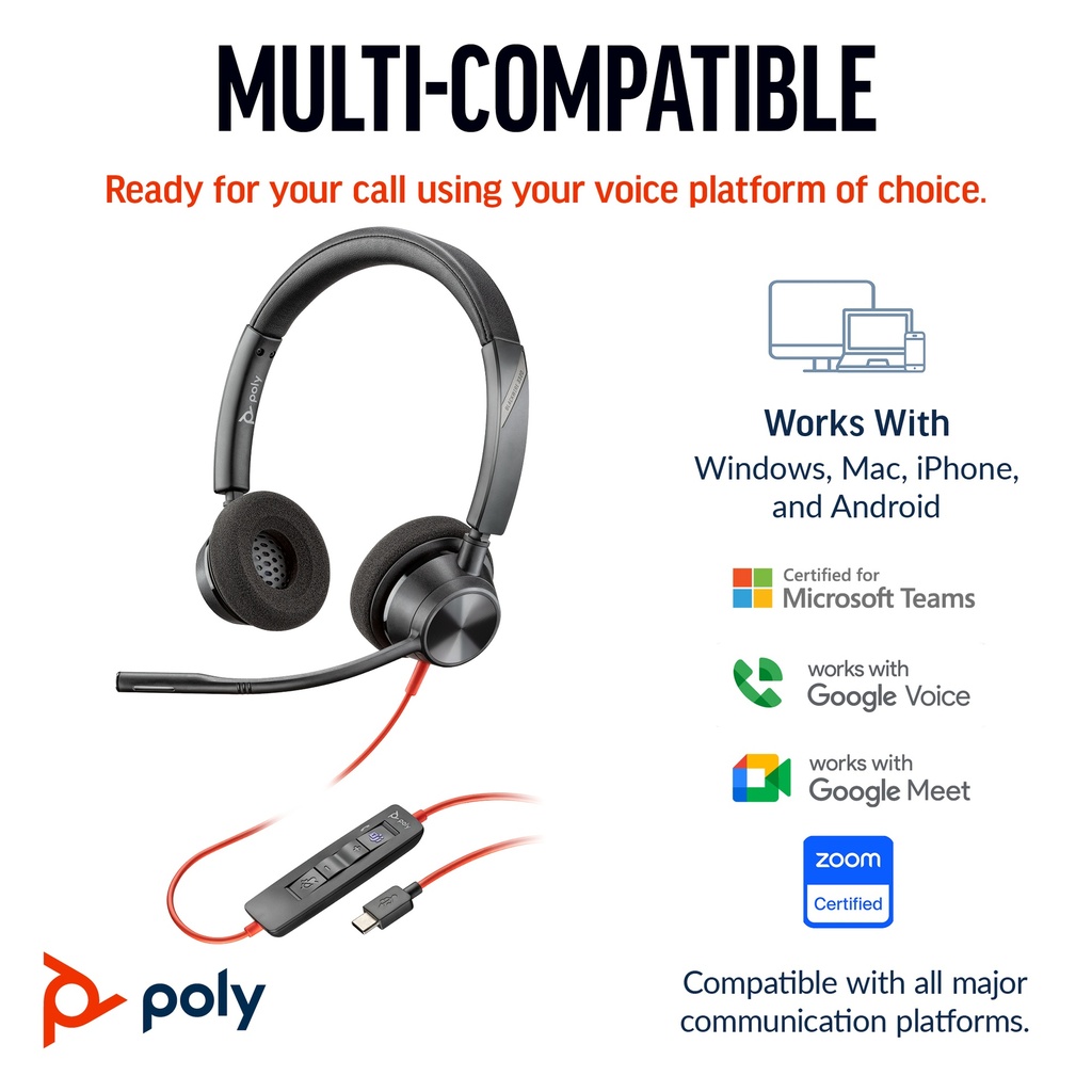 [17617667000] Poly HP Blackwire 3320 Stereo USB-C Headset +USB-C/A Adapter Wired Plug'n'Play Audio Equipment 8X219AA