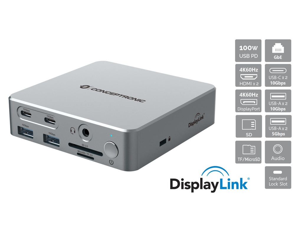 [18218101000] Conceptronic DisplayLink USB 3.2 Gen 2 D 15 in 1 Laptop Accessories
