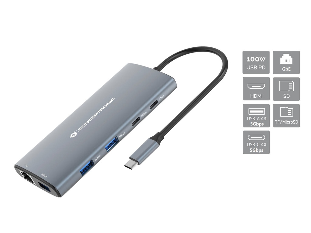 [19014802000] Conceptronic 10 in 1 USB 3.2 Gen Docking Station Charging / Gray Laptop Accessories DONN06G