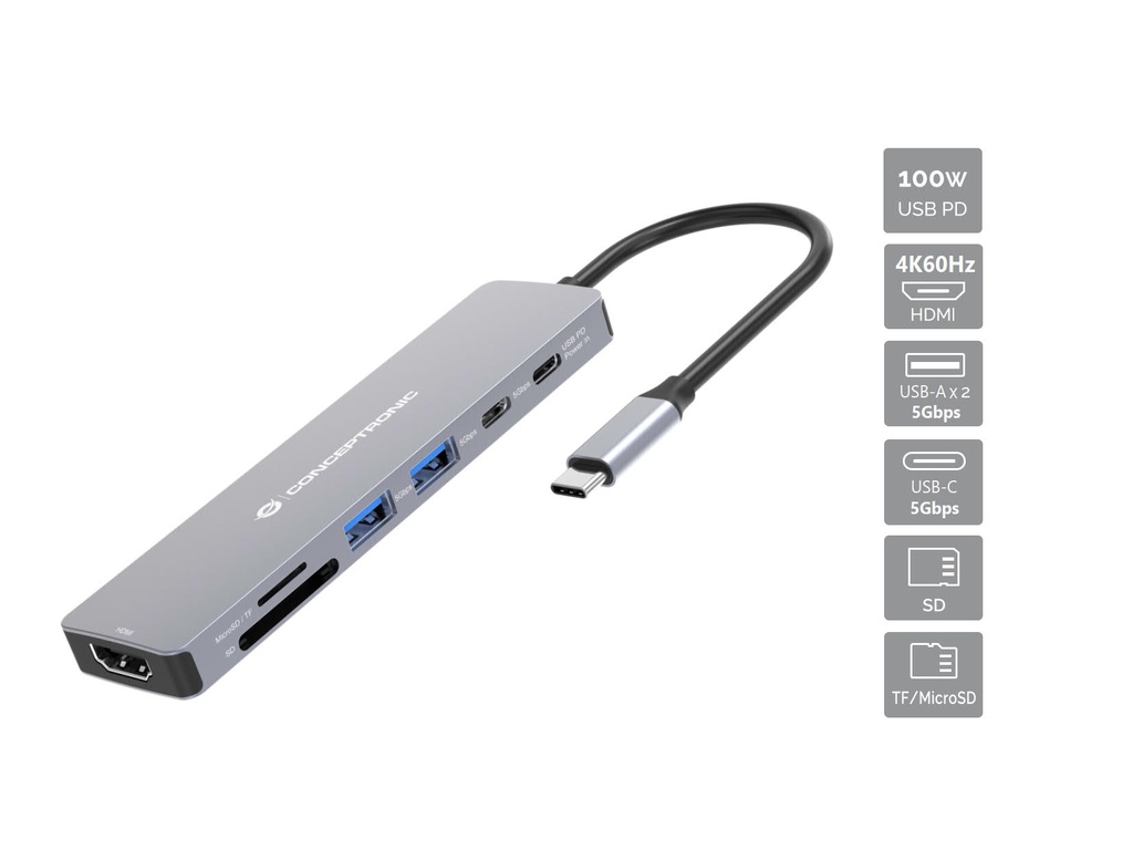 [19151483000] Conceptronic DONN28G 7 in 1 USB 3.2 Gen 1 docking station 4K60Hz HDMI USB-A 5 GBps x 2 USB-C Laptop Accessories