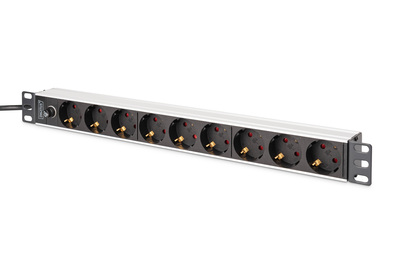 DIGITUS Socket strip with aluminum profile and back-up fuse, 9-way socket outlet with earthing contact, 2 m supply cable IEC C14 plug Power Supply