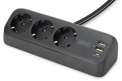 DIGITUS 3-way office socket strip with 2x USB-A and 1x USB-C connections, black Power Accessories