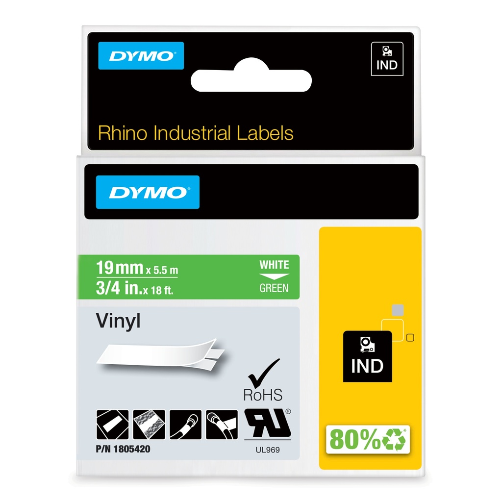 Dymo Rhino Coloured Vinyl Industrial Labels 19 mm x 5.5 m White Other Paper Size Printer Media 1805420