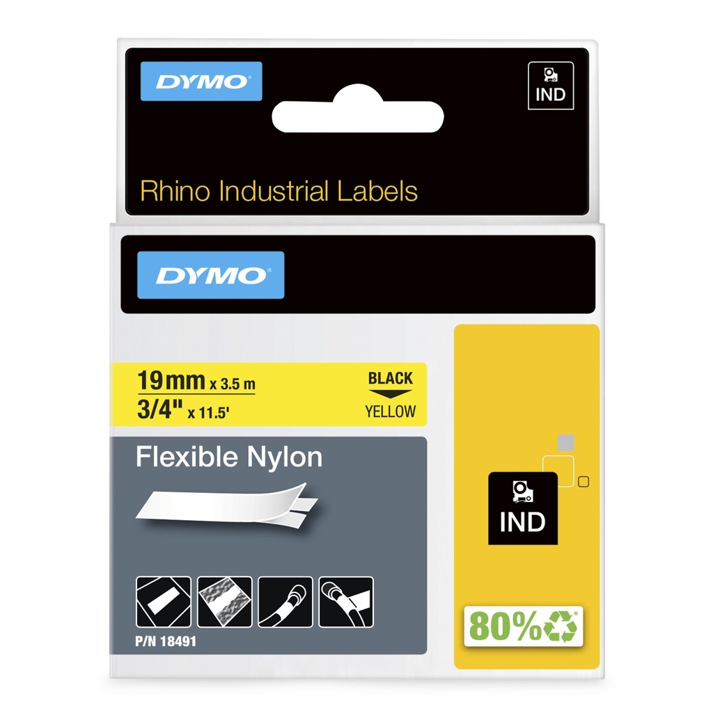 Dymo Rhino Industrial Flexible Nylon Labels 19 mm x 3.5 m Black Print on Yellow Self-Adhesive for Rhino & LabelManager Label Makers Black on yellow multicolor Nylon 10 80 °C UL 969 DYMO Printer Media