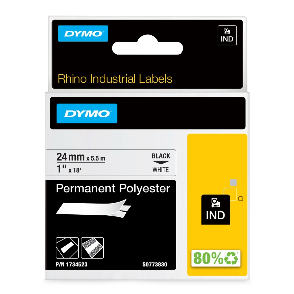 [4254593000] Dymo Rhino Industrial Permanent Polyester Labels 24 mm x 5.5 m Black Print on White Self-Adhesive for LabelManager & Rhino Label Makers Black on white multicolor Polyester 40 150 °C UL 969 DYMO Printer Media