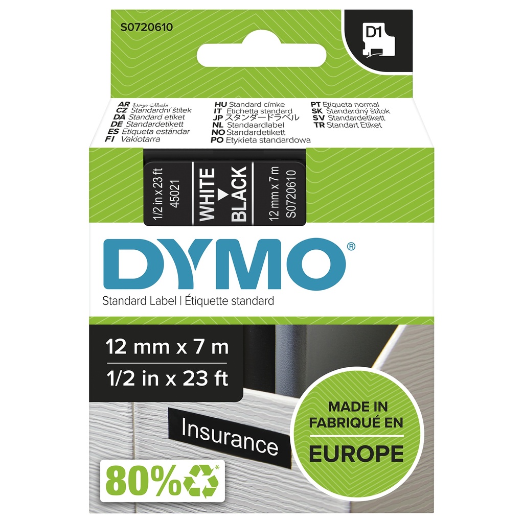 Dymo Authentic D1 Labels White Print on Black Tape 12 mm A1 Printer Media S0720610