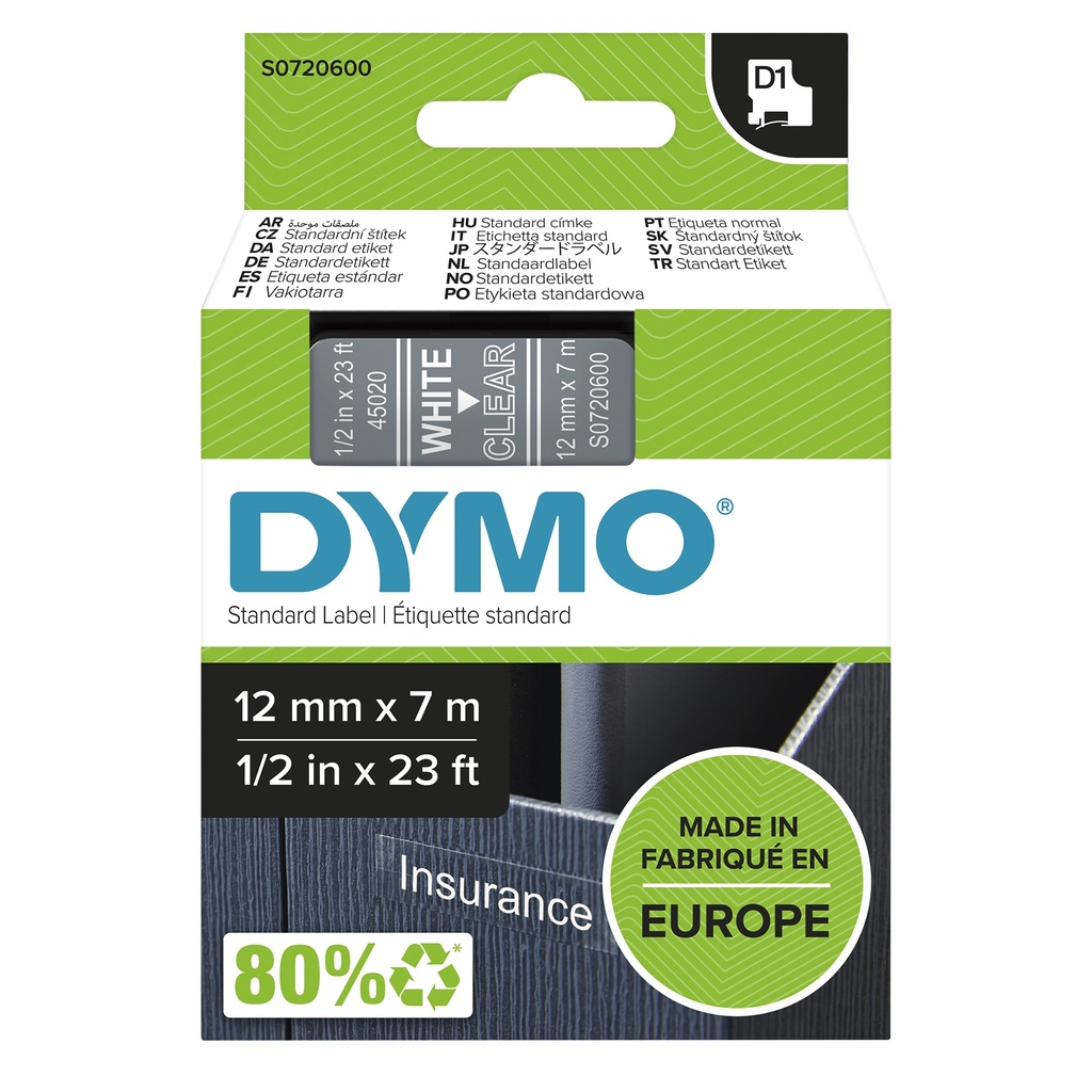 [434138000] Dymo label tape D1 S0720600 white auf transparent 1 St. Labels A1 Printer Media