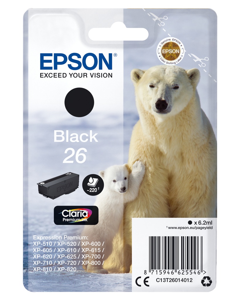 Epson Polar bear Singlepack Black 26 Claria Premium Ink Standard Yield Original Cartridges C13T26014012