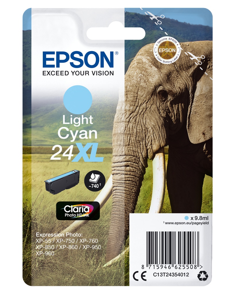 Epson Elephant Singlepack Light Cyan 24XL Claria Photo HD Ink High (XL) Yield Light Cyan Pigment-based ink 9.8 ml 1 PC(s) 740 pages Ink Cartridges