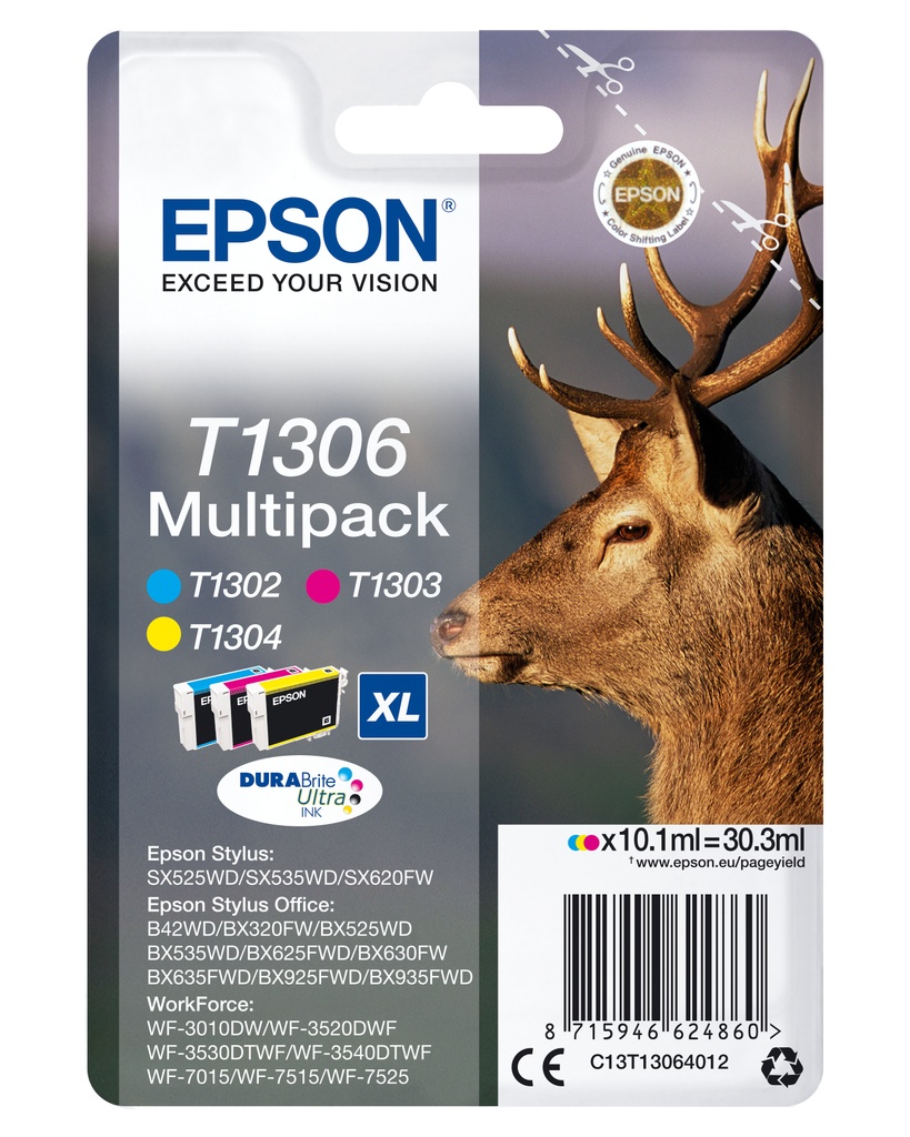Epson T1306 Multipack Stag 3-colours DURABrite Ultra Ink High (XL) Yield Cyan Original Cartridges C13T13064012