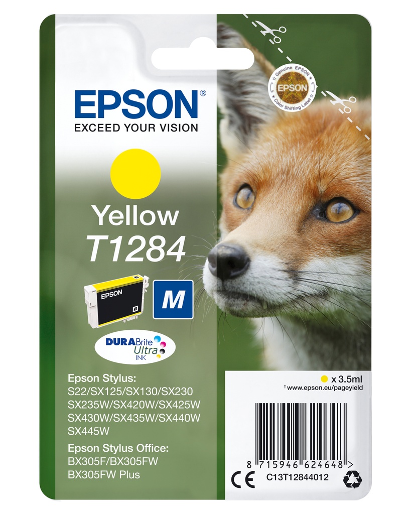 [5172528000] Epson Fox Singlepack Yellow T1284 DURABrite Ultra Ink Pigment-based 3.5 Original Cartridges C13T12844012