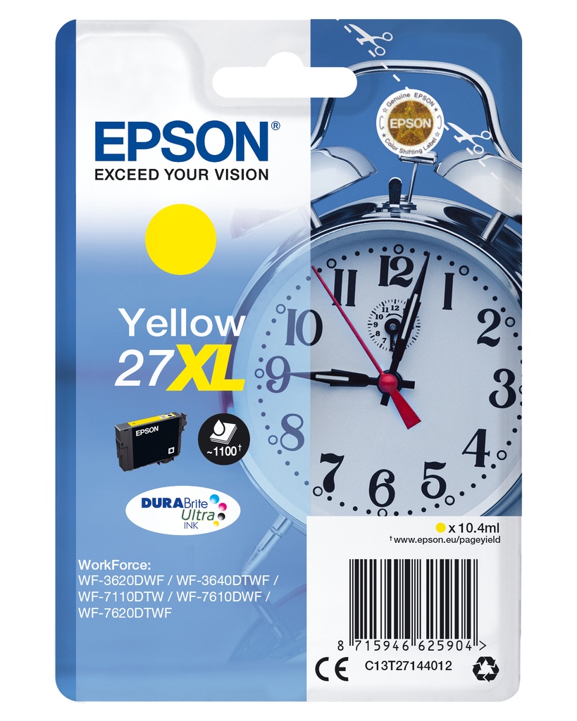 Epson Alarm clock Singlepack Yellow 27XL DURABrite Ultra Ink High (XL) Original Cartridges C13T27144012