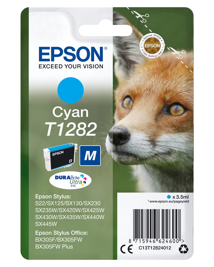 Epson Fox Singlepack Cyan T1282 DURABrite Ultra Ink 3.5 ml 260 Original Cartridges C13T12824012