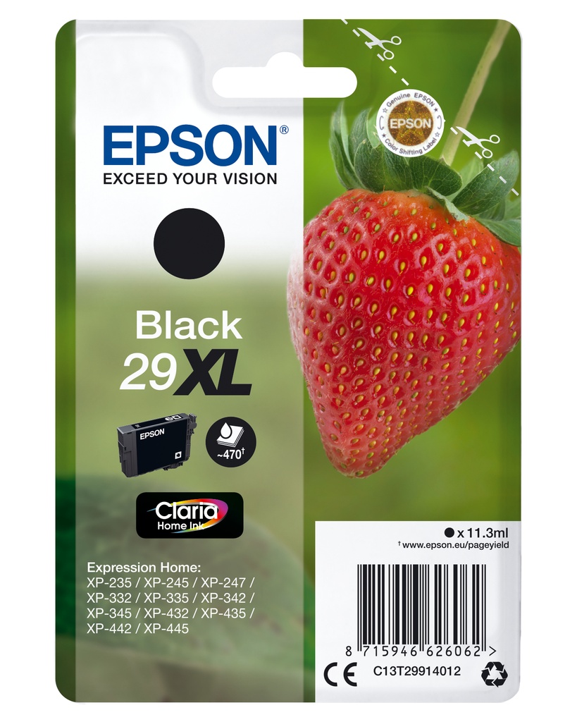 Epson Strawberry Singlepack Black 29XL Claria Home Ink High (XL) Yield Black Pigment-based ink 11.3 ml 1 PC(s) 470 pages Ink Cartridges