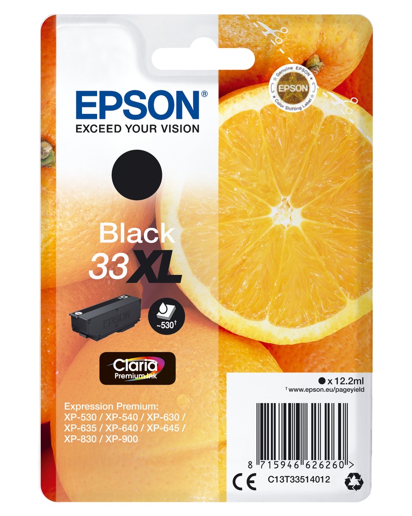 Epson Oranges Singlepack Black 33XL Claria Premium Ink High (XL) Yield Black Pigment-based ink 12.2 ml 1 PC(s Ink Cartridges