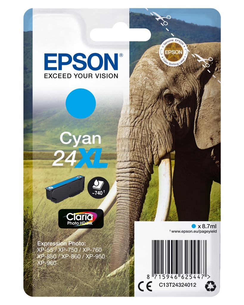Epson Elephant Singlepack Cyan 24XL Claria Photo HD Ink High (XL) Yield Cyan 8.7 ml 1 PC(s) 740 pages Ink Cartridges