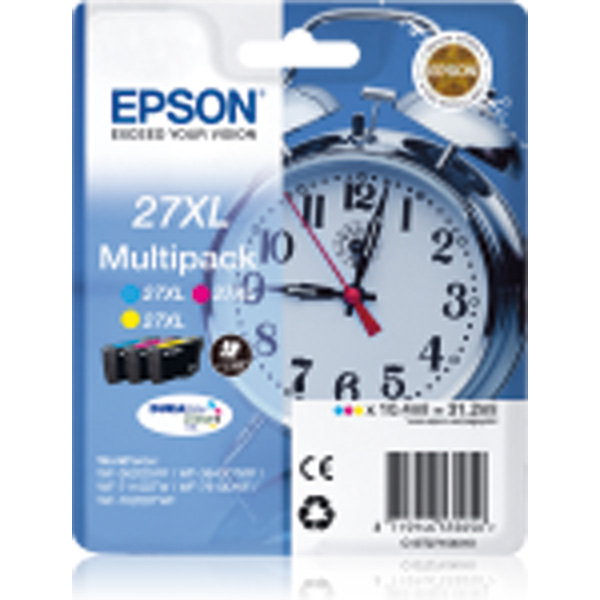 Epson Alarm clock Multipack 3-colour 27XL DURABrite Ultra Ink High (XL) Yield Cyan Magenta Yellow Pigment-based ink 10.4 ml 1 PC(s) Multi pack Ink Cartridges