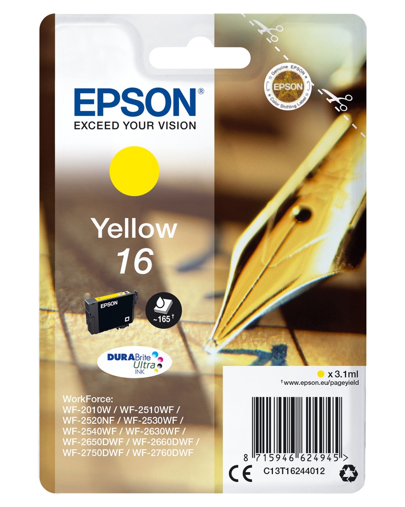 Epson Pen and crossword Singlepack Yellow 16 DURABrite Ultra Ink Standard Yield Pigment-based ink 3.1 ml 165 pages 1 PC(s Ink Cartridges