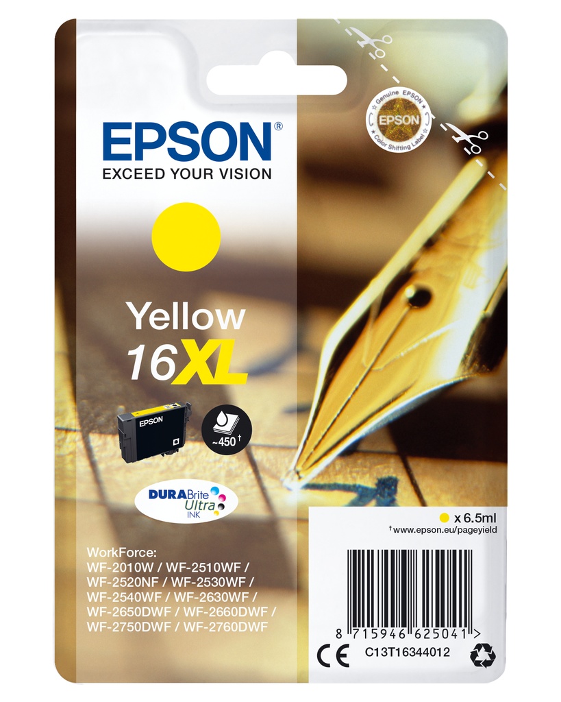 Epson Pen and crossword Singlepack Yellow 16XL DURABrite Ultra Ink High Original Cartridges C13T16344012
