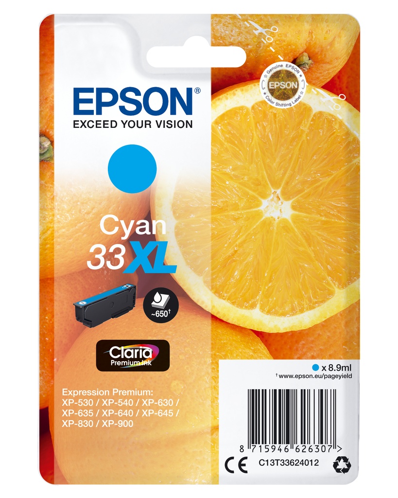Epson Oranges Singlepack Cyan 33XL Claria Premium Ink High (XL) Yield Cyan 8.9 ml 1 PC(s) 650 pages Ink Cartridges