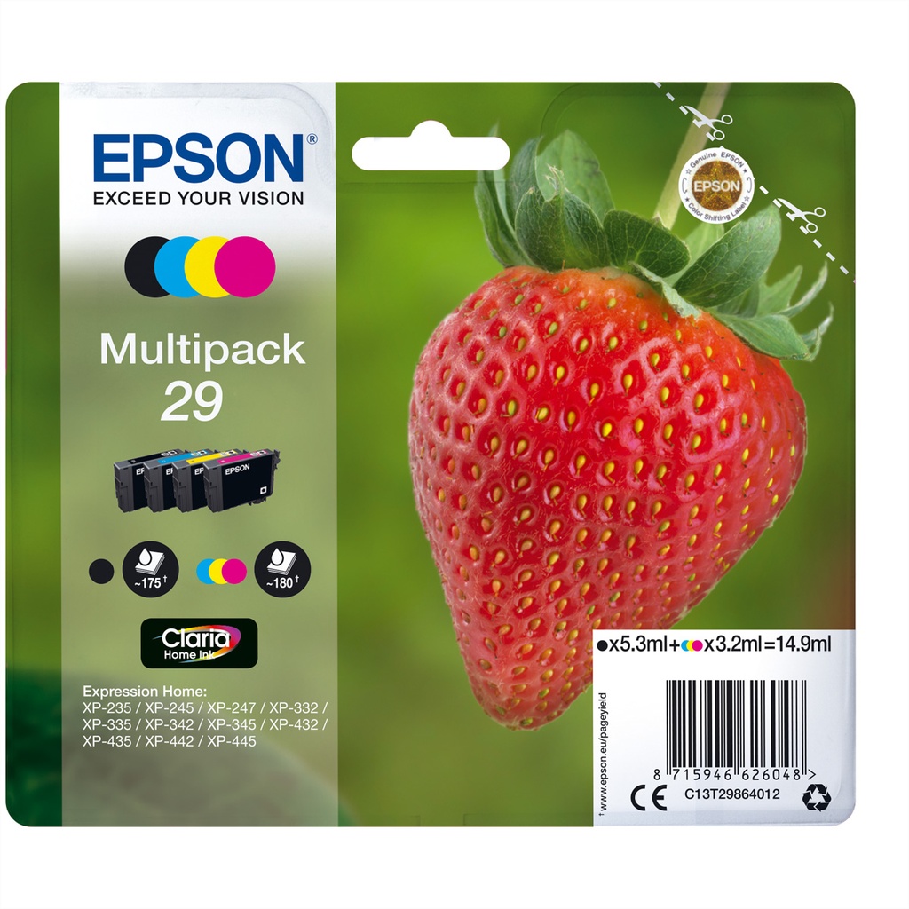 Epson 29 Multipack Strawberry 4-colours Claria Home Ink Standard Yield Black Cyan Original Cartridges C13T29864012