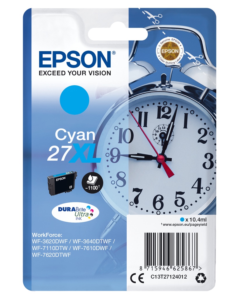 Epson Alarm clock Singlepack Cyan 27XL DURABrite Ultra Ink High (XL) Yield Cyan 10.4 ml 1 PC(s) 1100 pages Ink Cartridges