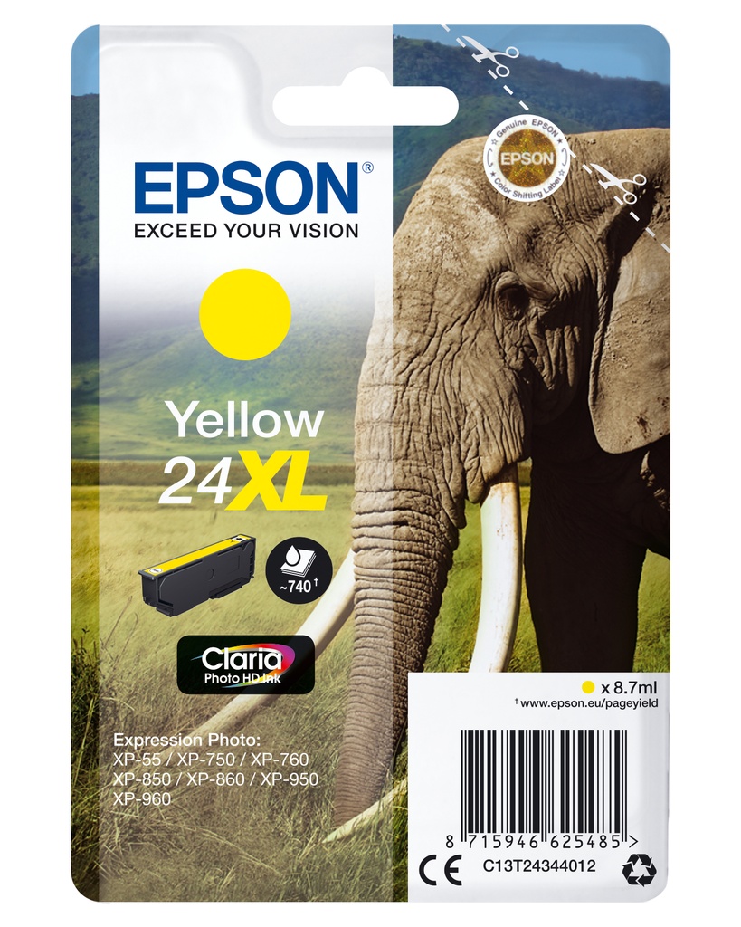 [5172602000] Epson Elephant Singlepack Yellow 24XL Claria Photo HD Ink High (XL) Original Cartridges C13T24344012