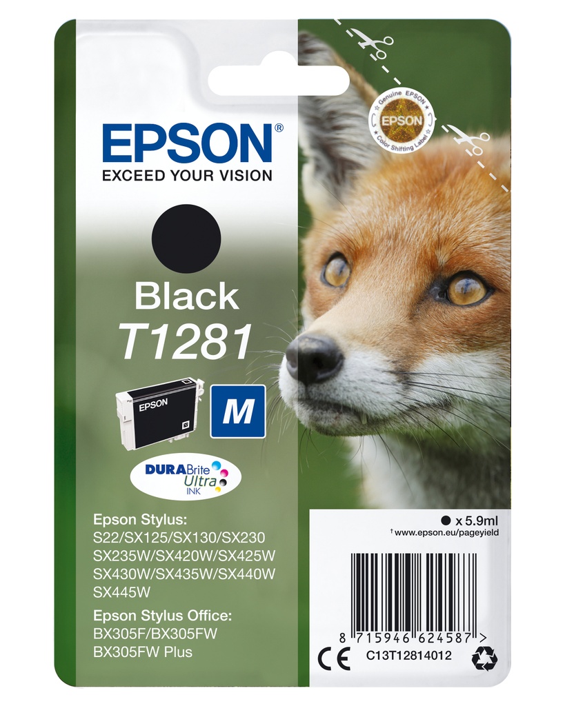 [5172604000] Epson Fox Singlepack Black T1281 DURABrite Ultra Ink Pigment-based 5.9 Original Cartridges C13T12814012