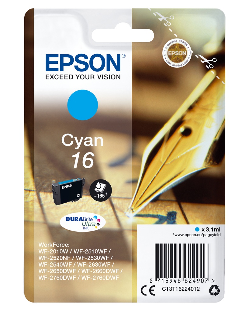 Epson Pen and crossword Singlepack Cyan 16 DURABrite Ultra Ink Standard Yield 3.1 ml 165 pages 1 PC(s Ink Cartridges