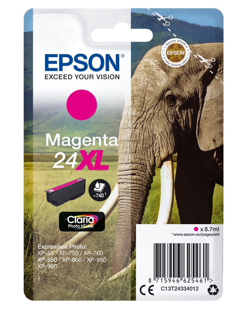 Epson Elephant Singlepack Magenta 24XL Claria Photo HD Ink High (XL) Yield Magenta Pigment-based ink 8.7 ml 1 PC(s) 740 pages Ink Cartridges