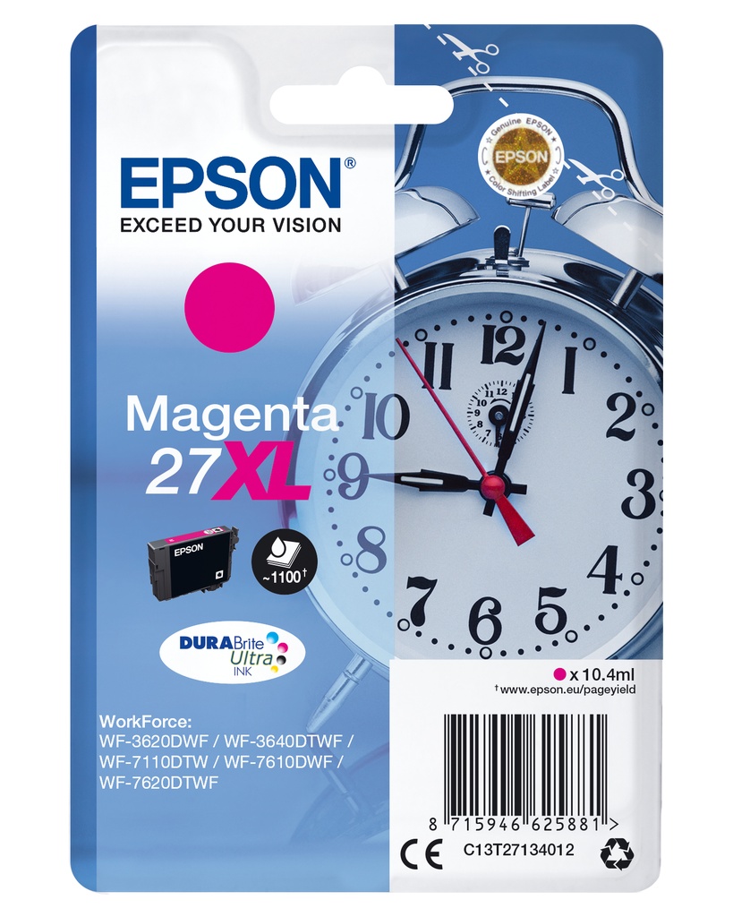 Epson Alarm clock Singlepack Magenta 27XL DURABrite Ultra Ink High (XL) Yield Magenta Pigment-based ink 10.4 ml 1 PC(s) 1100 pages Ink Cartridges