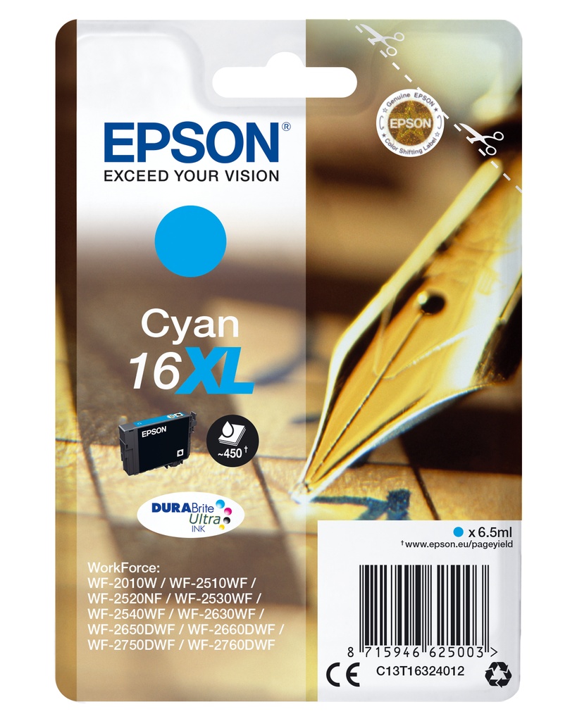 Epson Pen and crossword Singlepack Cyan 16XL DURABrite Ultra Ink High Original Cartridges C13T16324012
